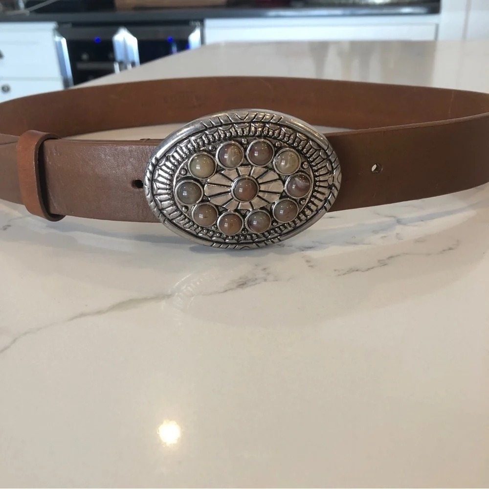 Sonoma Women’s Brown Leather Belt M Silver Oval Buckle Cabochon Stones Cowgirl